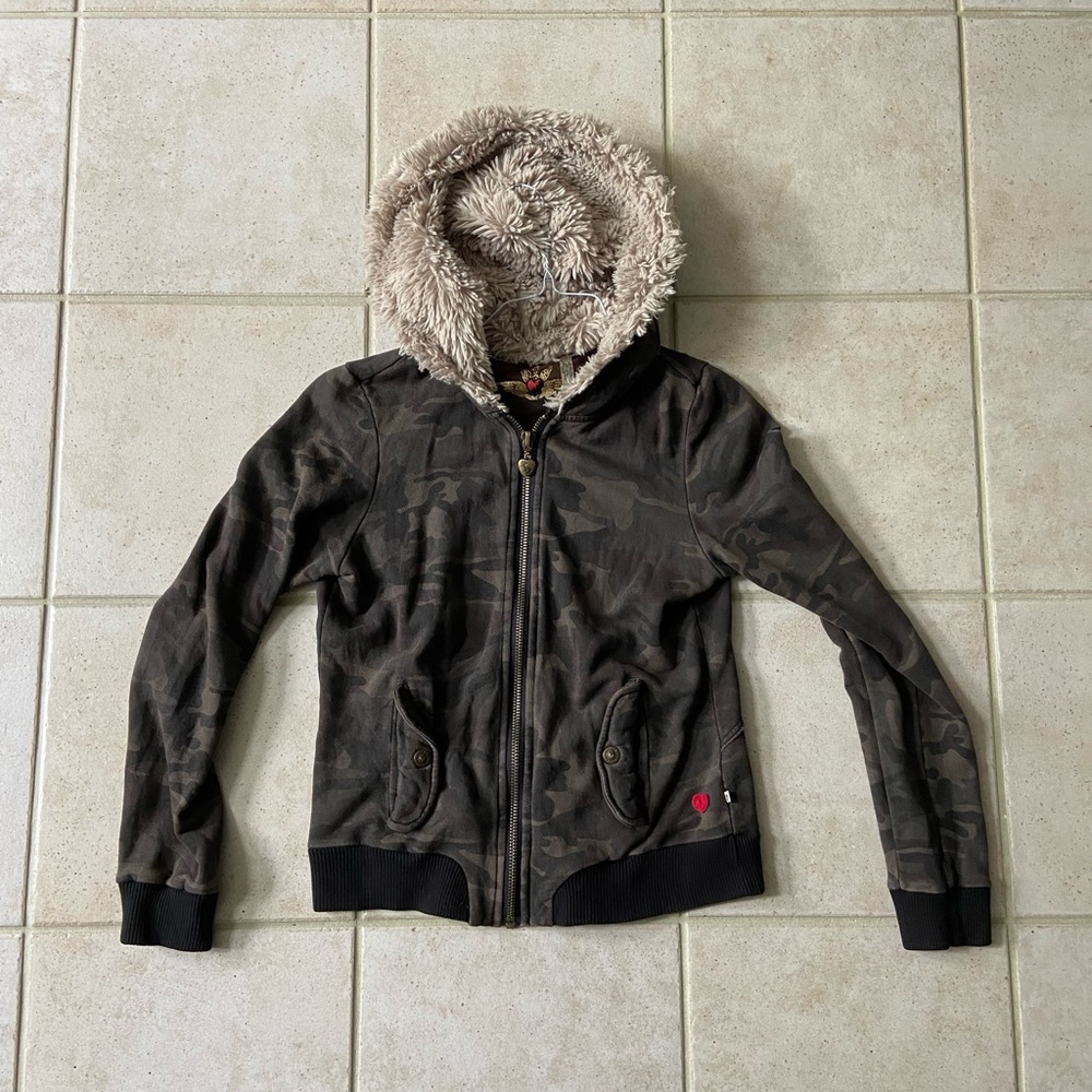 Vintage Juicy Couture Army Print Zip Up with Fur